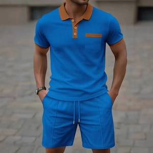 Men's blue waffle texture polo shirt and shorts two-piece casual set with brown trim