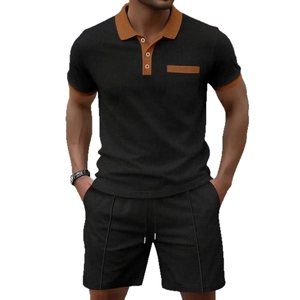Men's waffle knit tracksuit set with contrast collar polo and drawstring shorts