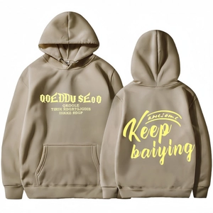 Front and back view of khaki hoodie with yellow Keep graphic and kangaroo pocket