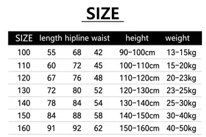 Detailed size chart for hooded sweatshirt and pants set from size 100 to 160