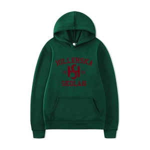 Dunkelgrüner Hillerska Skolan 1901 Kapuzenpullover mit Kängurutasche und Rippbündchen