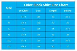 Detailed size chart for men's color block short sleeve shirt showing measurements S to 3XL