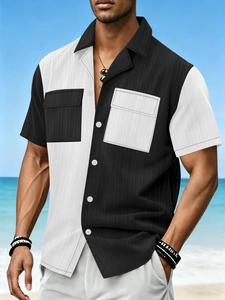 Men's stylish black and white color-block short sleeve resort shirt with chest pockets