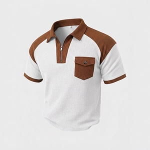 Short sleeve polo shirt with half-zip and contrast waffle knit fabric in retro style