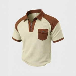 Men's Waffle Knit Polo Shirt Short Sleeve Color Block 1/4 Zipper Casual Top With Pocket For Summer Daily Wear