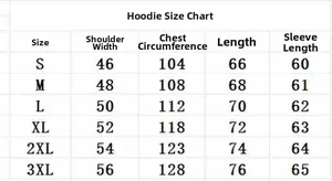 Size chart for hoodie showing shoulder, chest, length, and sleeve measurements