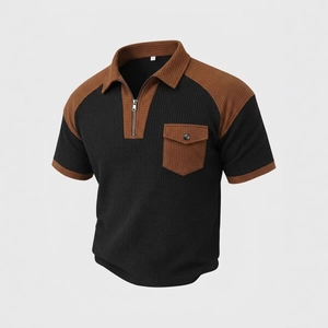 Men's waffle polo shirt with half-zip in black and brown color-block and chest pocket