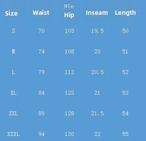 Detailed size chart for men's casual beach shorts from S to XXXL with waist and hip measures