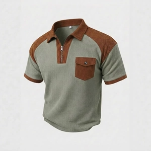 Men's sage green waffle knit polo shirt with contrast brown zipper collar and pocket