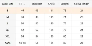 Tableau des tailles détaillé pour ensemble homme en coton et lin avec mesures du S au 3XL