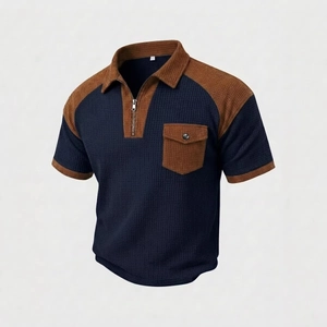 Detail of waffle knit fabric on polo shirt with zipper collar and contrast pocket