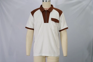 Close-up of waffle knit texture and brown contrast stitching on white men's polo shirt