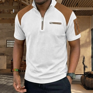 Men-s Waffle Knit Polo Shirt Color Block Quarter Zip Short Sleeve Casual Sport Top With Multi Zipper Pockets For Men