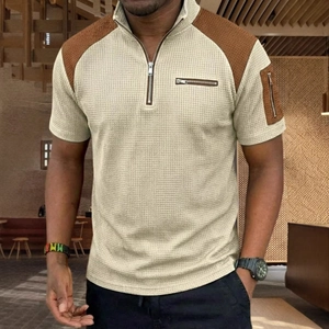 Men's waffle knit polo shirt with color-block brown patches and a half-zipper collar