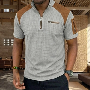Men's waffle knit short sleeve polo shirt with color block design and quarter zipper