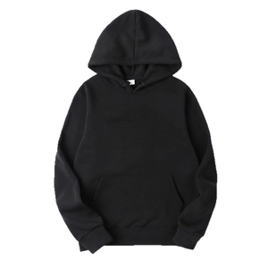 Classic black hooded sweatshirt with kangaroo pocket and ribbed cuffs in a clean flat lay