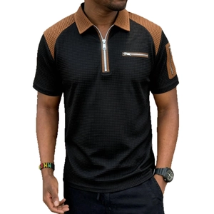 Men's color block waffle polo shirt with zipper pocket and black brown patchwork design