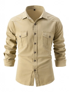 Men's khaki washed stretch cotton long sleeve casual shirt with double flap pockets