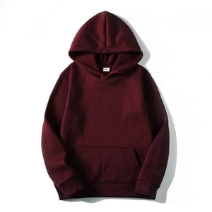 Classic deep wine red hooded sweatshirt in size M with ribbed cuffs and kangaroo pocket