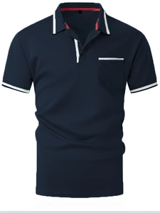 Detail of navy polo shirt showing white contrast collar and buttoned chest pocket