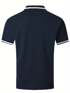 Rear view of breathable navy blue polo shirt with white striped trim on the collar and sleeves