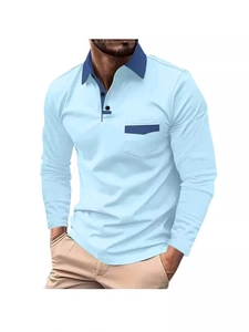 Polo da uomo a maniche lunghe azzurra con colletto a contrasto blu scuro e taschino