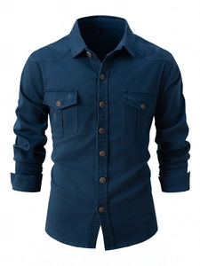 Classic navy blue long sleeve cotton work shirt for men featuring double chest pockets