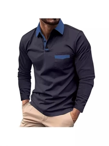 Polo da uomo a maniche lunghe blu navy con colletto e taschino a contrasto azzurro