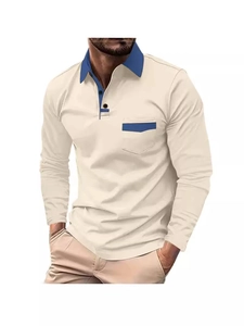 Polo da uomo a maniche lunghe beige con colletto e taschino blu scuro a contrasto