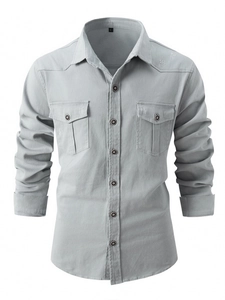 Men's casual long sleeve grey cotton work shirt with double chest pockets and flap detail