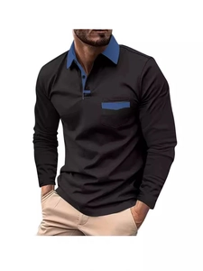 Polo da uomo a maniche lunghe nera con colletto blu scuro e dettaglio taschino