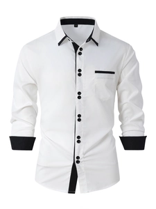Men's Business Casual Slim Fit Long Sleeve Shirt Cotton Blend Color Block Lapel Button Down Dress Shirt With Pocket