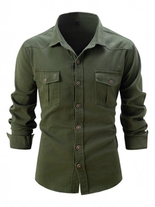 Army green men's long sleeve cotton cargo shirt with double chest pockets on white background