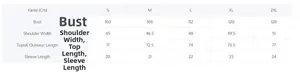 Detailed size chart for men polo shirts from S to 2XL with measurements in centimeters