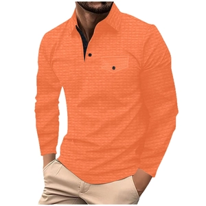 Men's bright orange long sleeve waffle polo shirt with chest pocket and contrast collar
