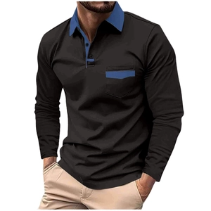 Polo da uomo nera a maniche lunghe con colletto e taschino a contrasto blu, slim fit