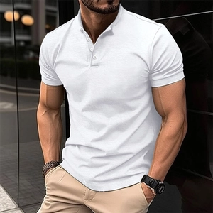 Close-up of white short-sleeved Henley shirt with buttoned collar and slim fit detail