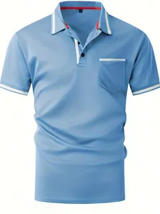Close-up of light blue polo shirt with breathable mesh texture and white stripe trim details