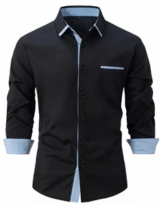 Detail of slim-fit black shirt with blue contrast stitching and a chest pocket detail
