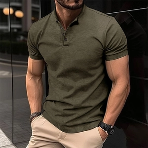 Detail view of olive green Henley polo shirt featuring slim fit and ribbed short sleeves