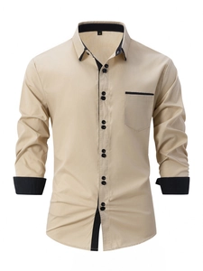 Slim fit men's long sleeve cotton shirt in khaki with black contrast collar and cuffs