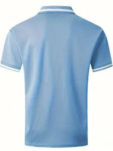 Detail view of the back of a light blue short-sleeved polo shirt with white striped cuffs