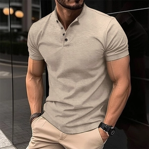 Detail of khaki slim fit Henley shirt featuring a four-button placket and stand collar