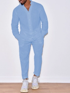 Men's light blue cotton linen leisure set with stand collar shirt and straight trousers