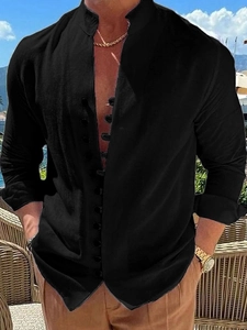 Men's casual black cotton linen long sleeve shirt with mandarin collar and button details