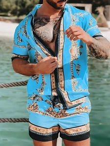 Barockdruck Herren Urlaub Hemd Und Kordelzug Shorts Outfit Luxus Gold Vintage Blumen Grafiken Sommer Strandbekleidung Oberteil Und Hose