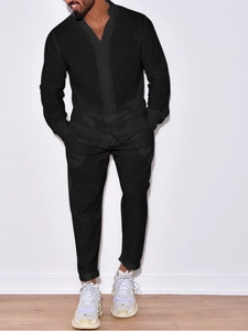 Men's casual long sleeve linen set with V-neck shirt and trousers in solid black