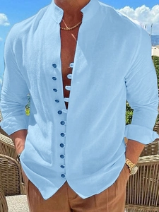 Men's sky blue linen long sleeve casual shirt with buttoned mandarin collar design