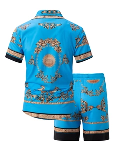 Herren Sommer 2-Teiler Strandset mit blauem und goldenem Barock-Blumenmuster