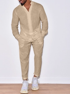 Men's two-piece linen sport set with long sleeve shirt and trousers in beige khaki